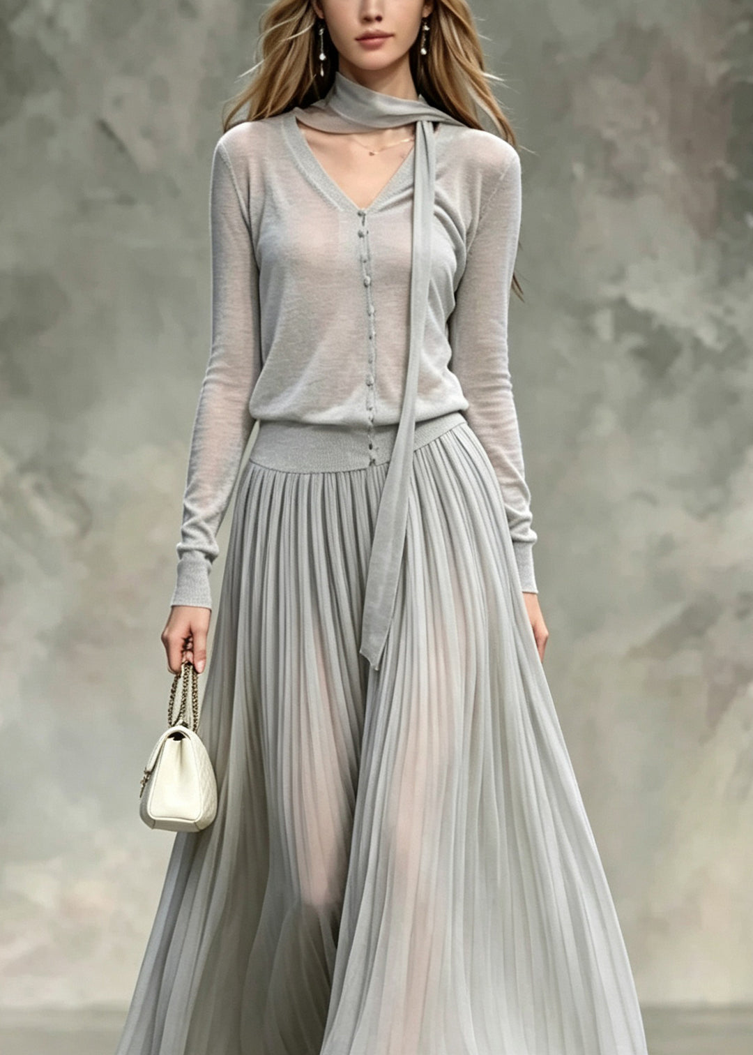 Women Grey V Neck Tops And Skirts Cotton Two Pieces Set Fall