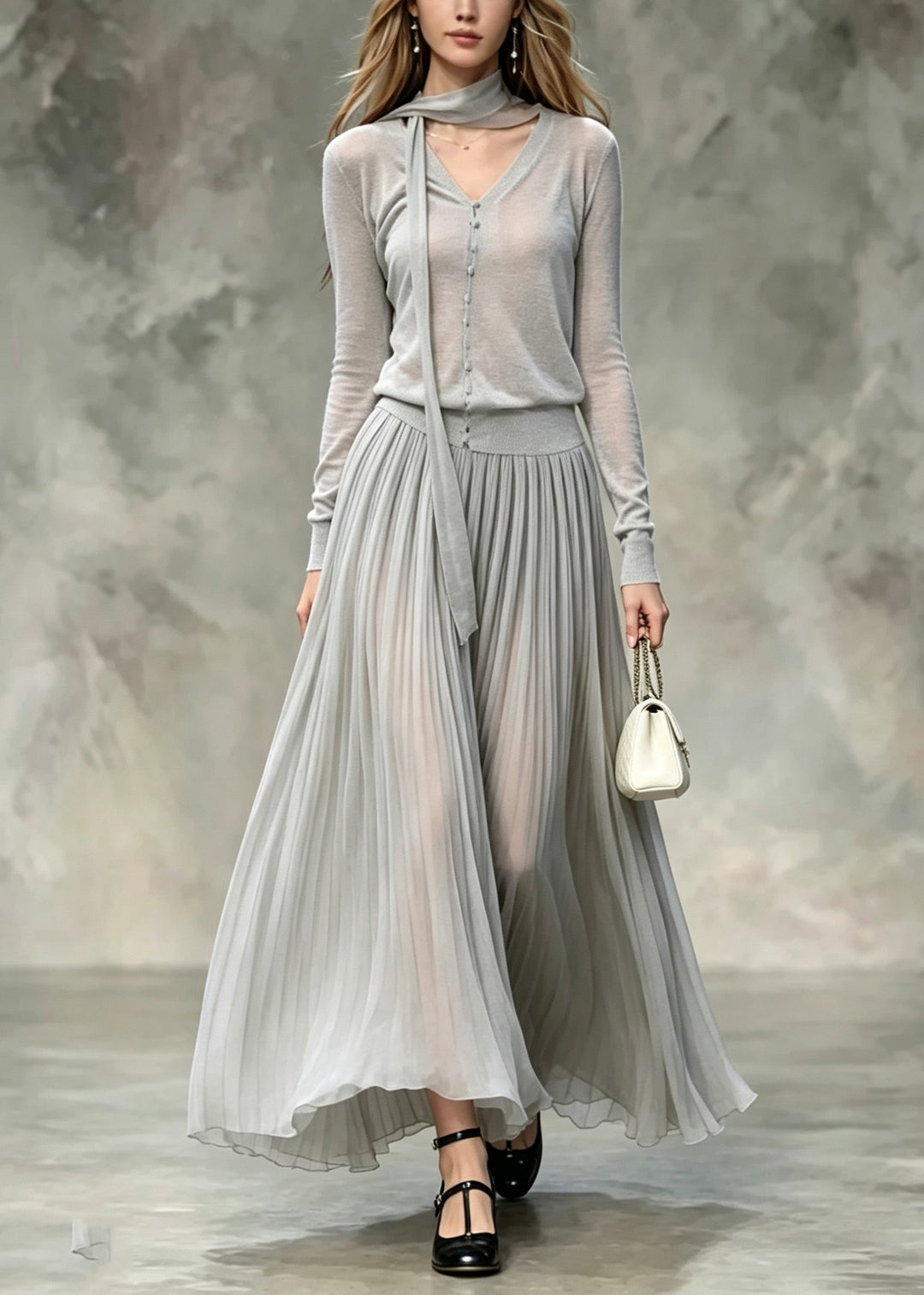 Women Grey V Neck Tops And Skirts Cotton Two Pieces Set Fall