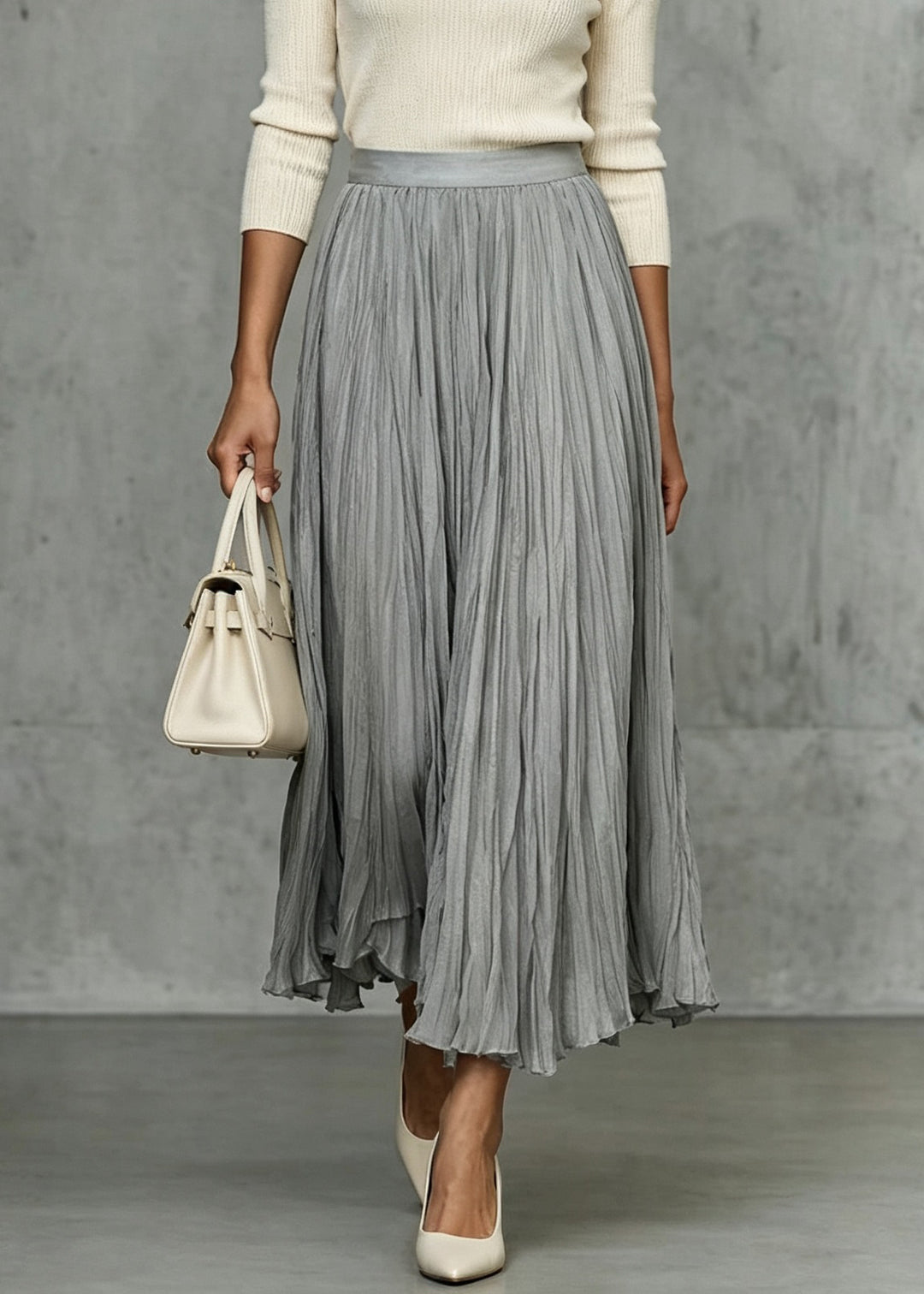 Women Grey Wrinkled Elastic Waist Silk Skirts Fall