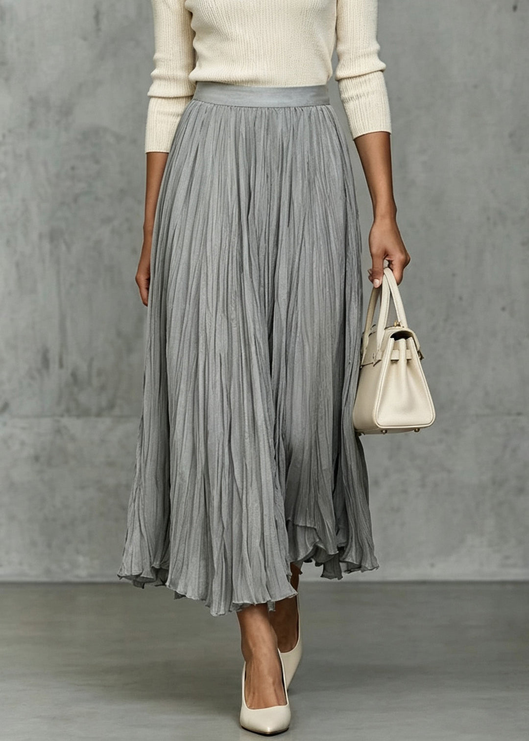 Women Grey Wrinkled Elastic Waist Silk Skirts Fall
