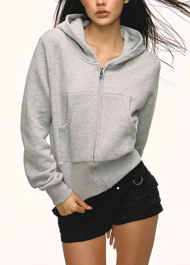 Women Grey Zip Up Pockets Casual Cotton Hoodies Outwear Fall