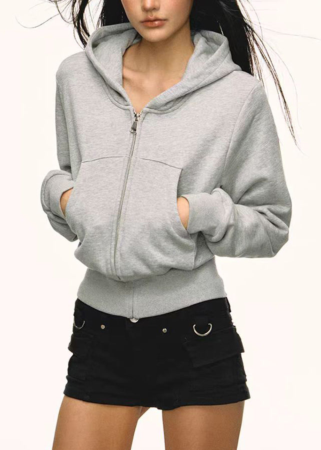 Women Grey Zip Up Pockets Casual Cotton Hoodies Outwear Fall