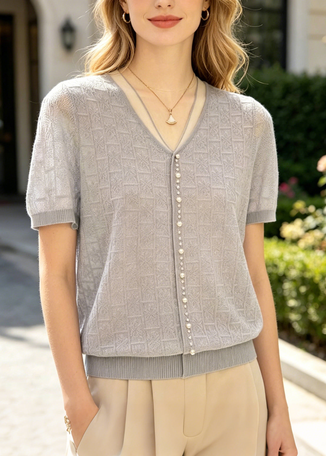Women Jacquard Handmade Pearl Knit Top Summer