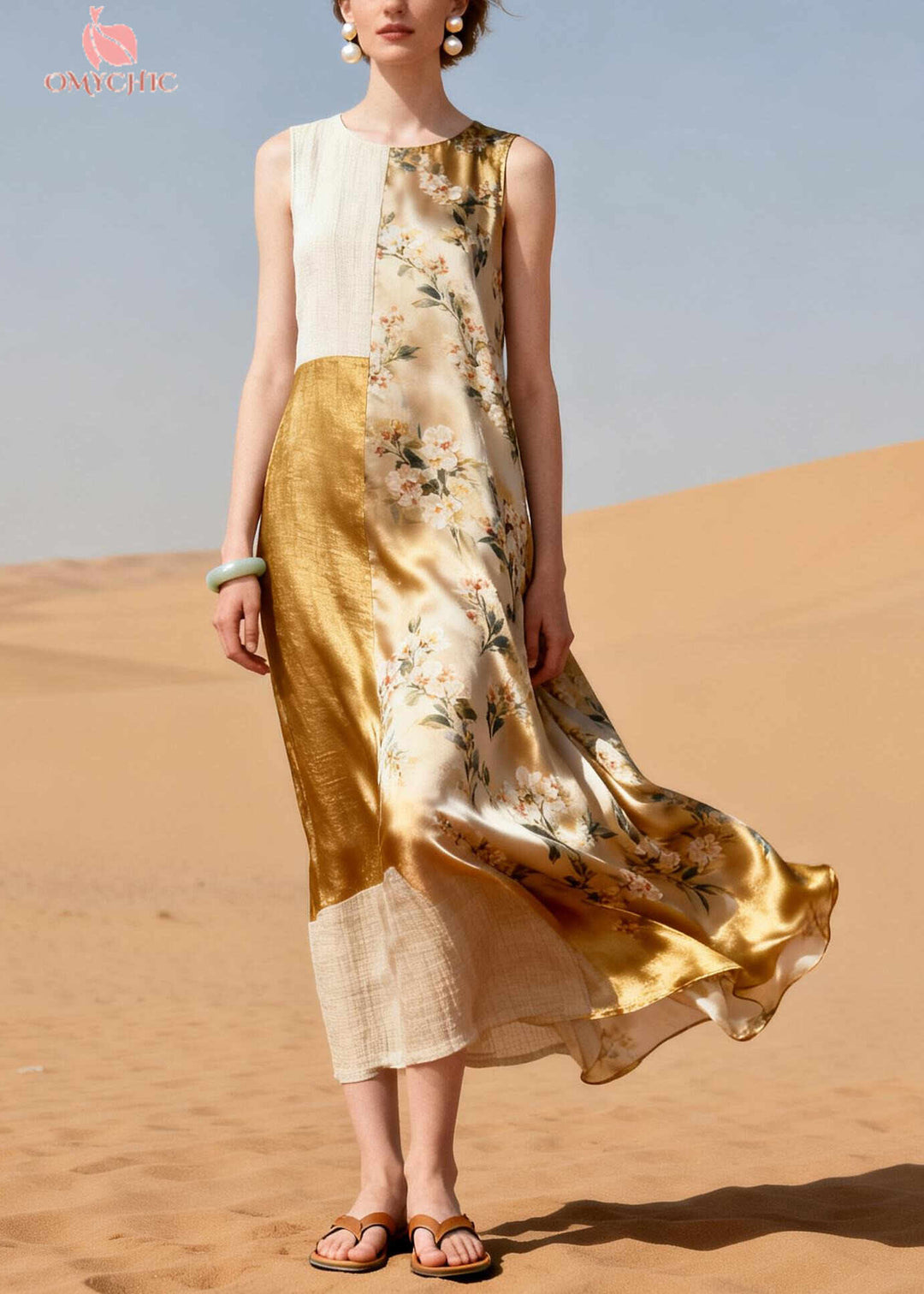 Women Khaki Asymmetrical Patchwork Silk Maxi Dress Summer