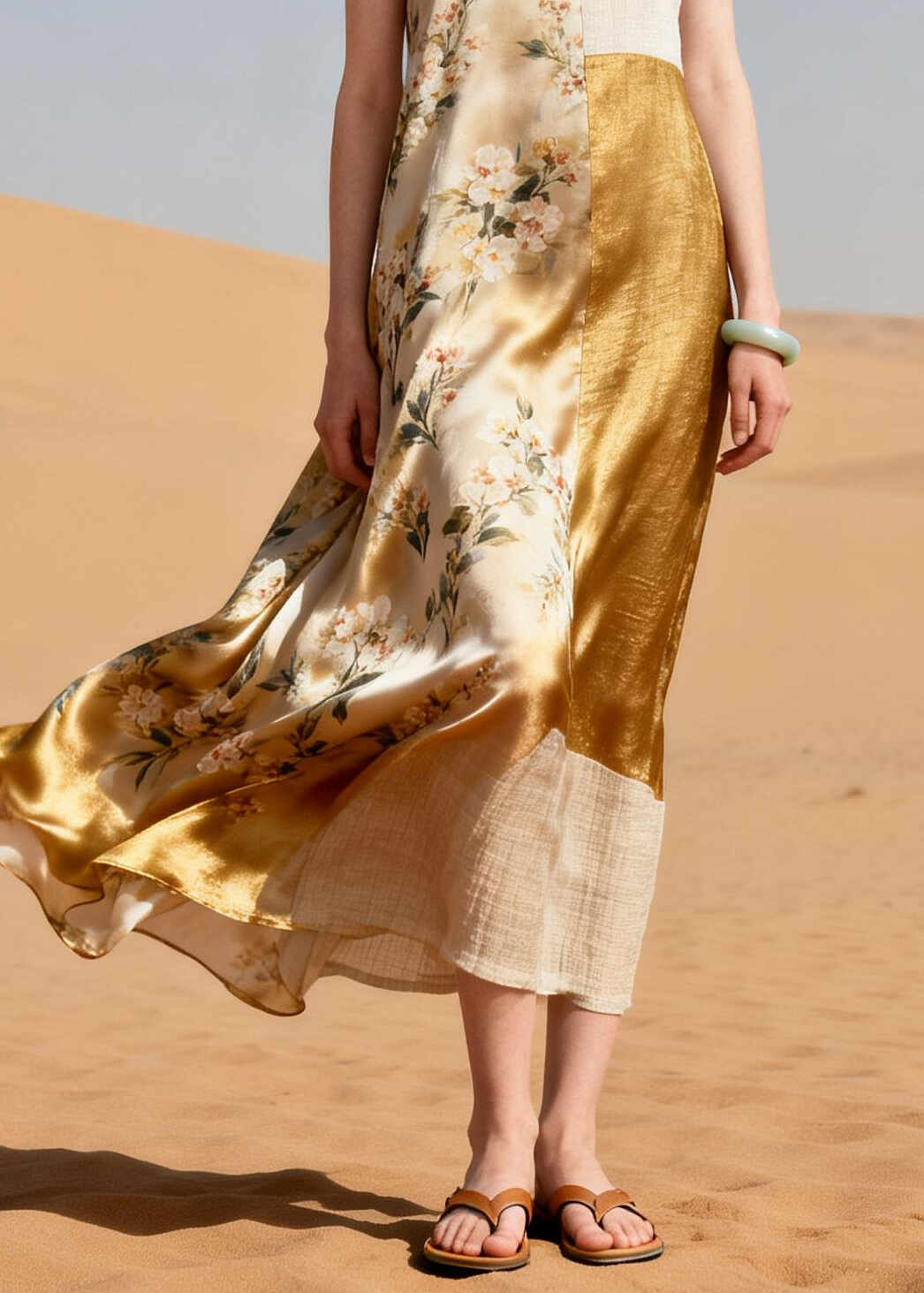 Women Khaki Asymmetrical Patchwork Silk Maxi Dress Summer