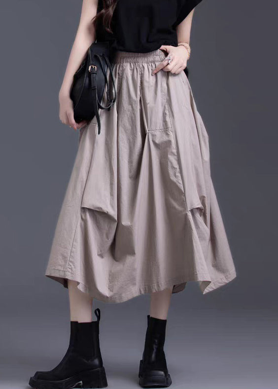 Women Khaki Asymmetrical Wrinkled Elastic Waist Cotton Skirt