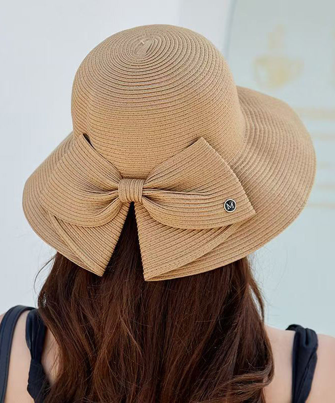 Women Khaki Bow Straw Woven Bucket Hat