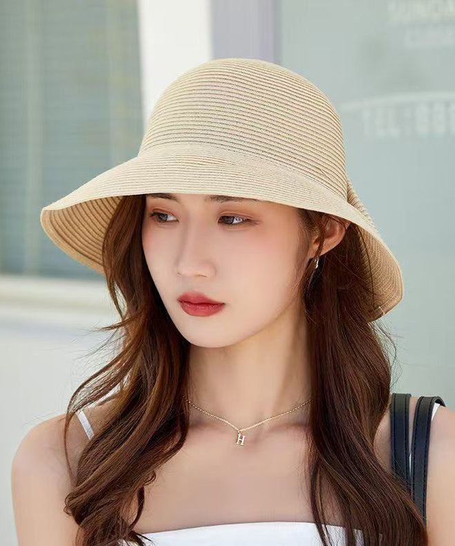 Women Khaki Bow Straw Woven Bucket Hat