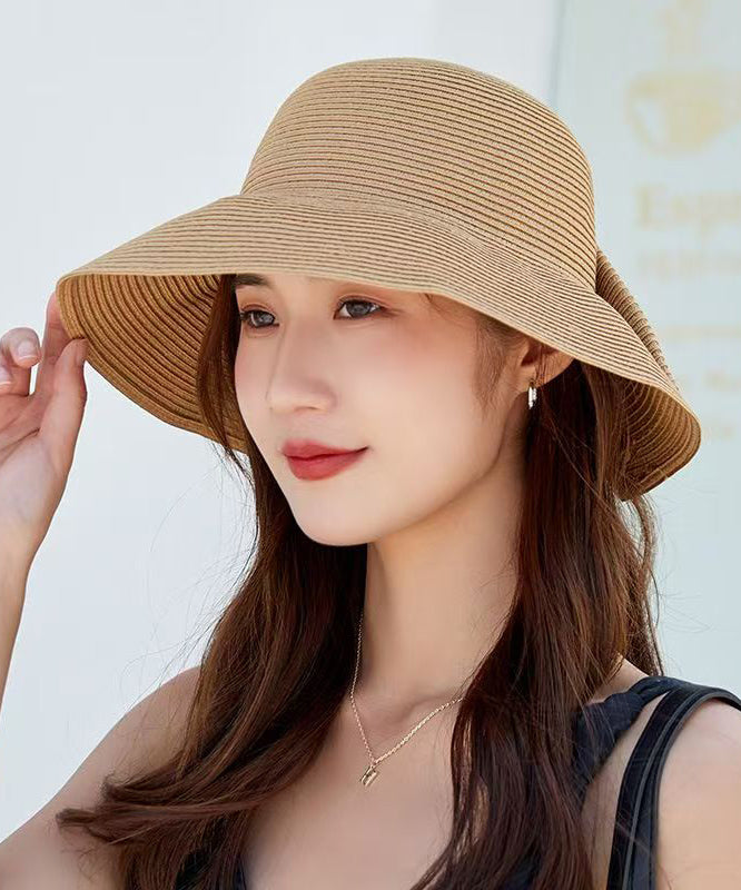 Women Khaki Bow Straw Woven Bucket Hat