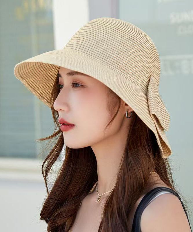 Women Khaki Bow Straw Woven Bucket Hat