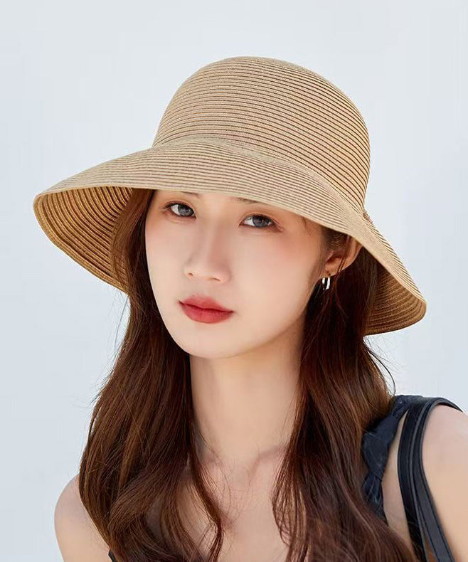 Women Khaki Bow Straw Woven Bucket Hat