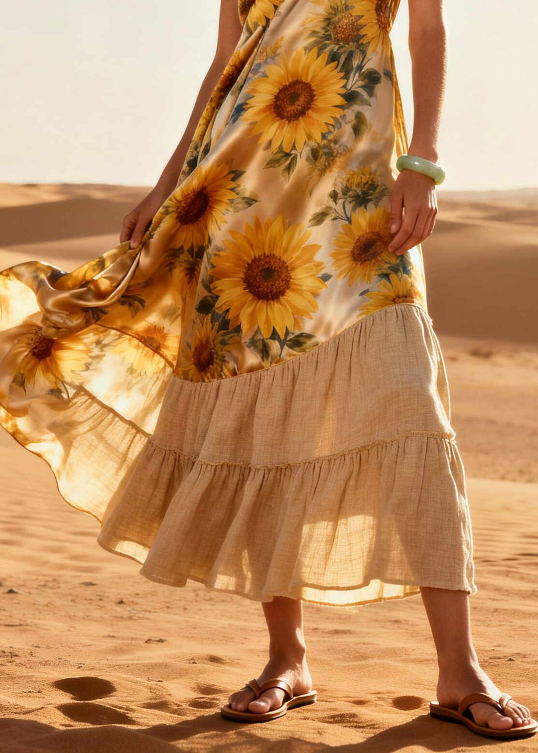 Women Khaki Daisy Patchwork Linen Silk Maxi Dresses Summer