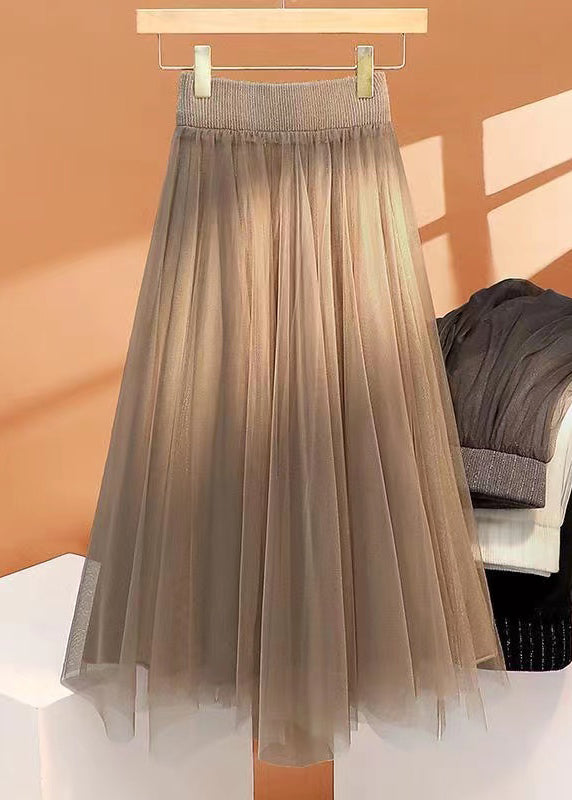 Women Khaki High Waist Wrinkled Asymmetrical Tulle Skirt Spring