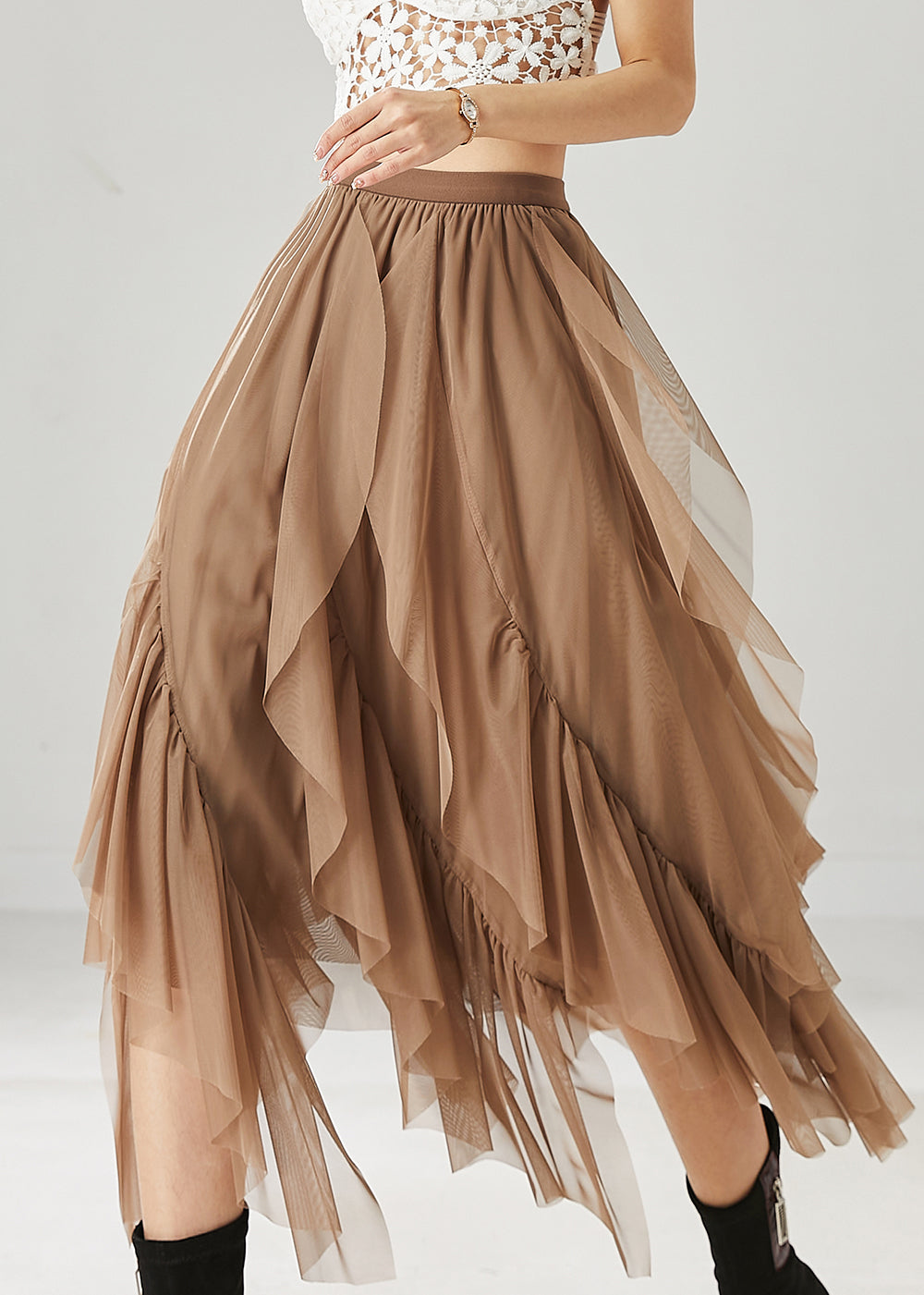 Women Khaki Layered Ruffleds Chiffon Skirt Summer