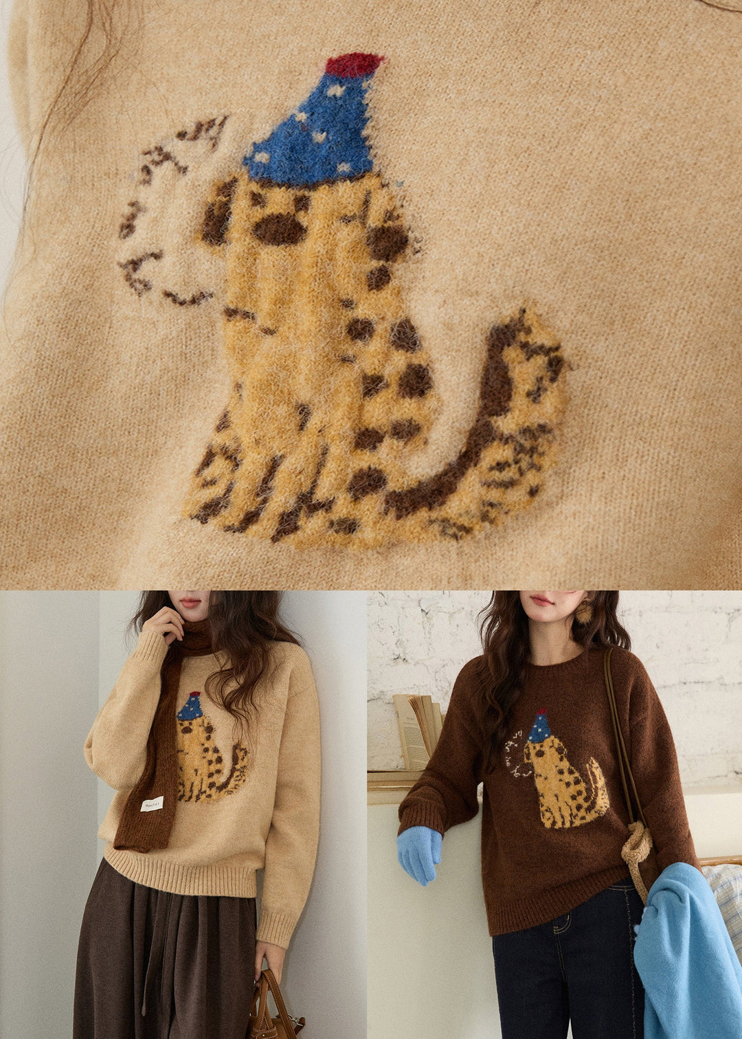 Women Khaki O Neck Animal Knit Sweater Winter