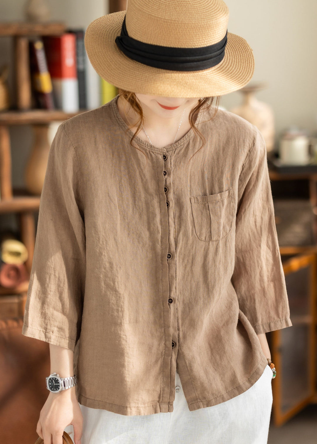 Women Khaki O Neck Button Pockets Linen Shirt Bracelet Sleeve