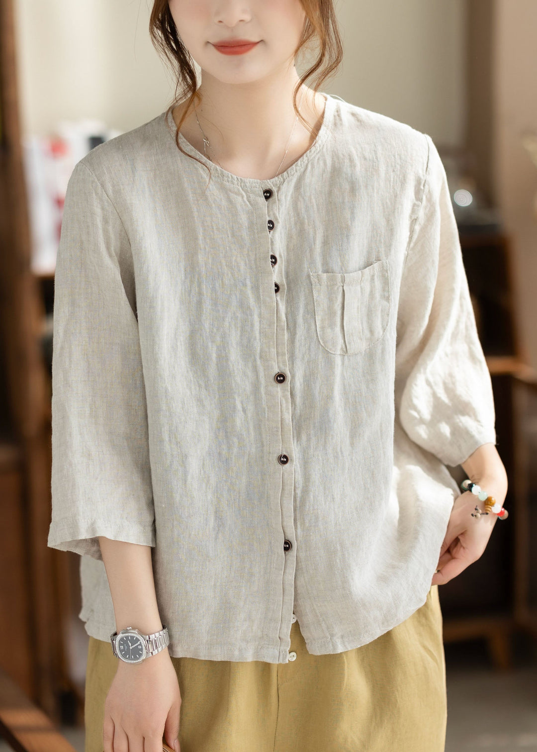 Women Khaki O Neck Button Pockets Linen Shirt Bracelet Sleeve