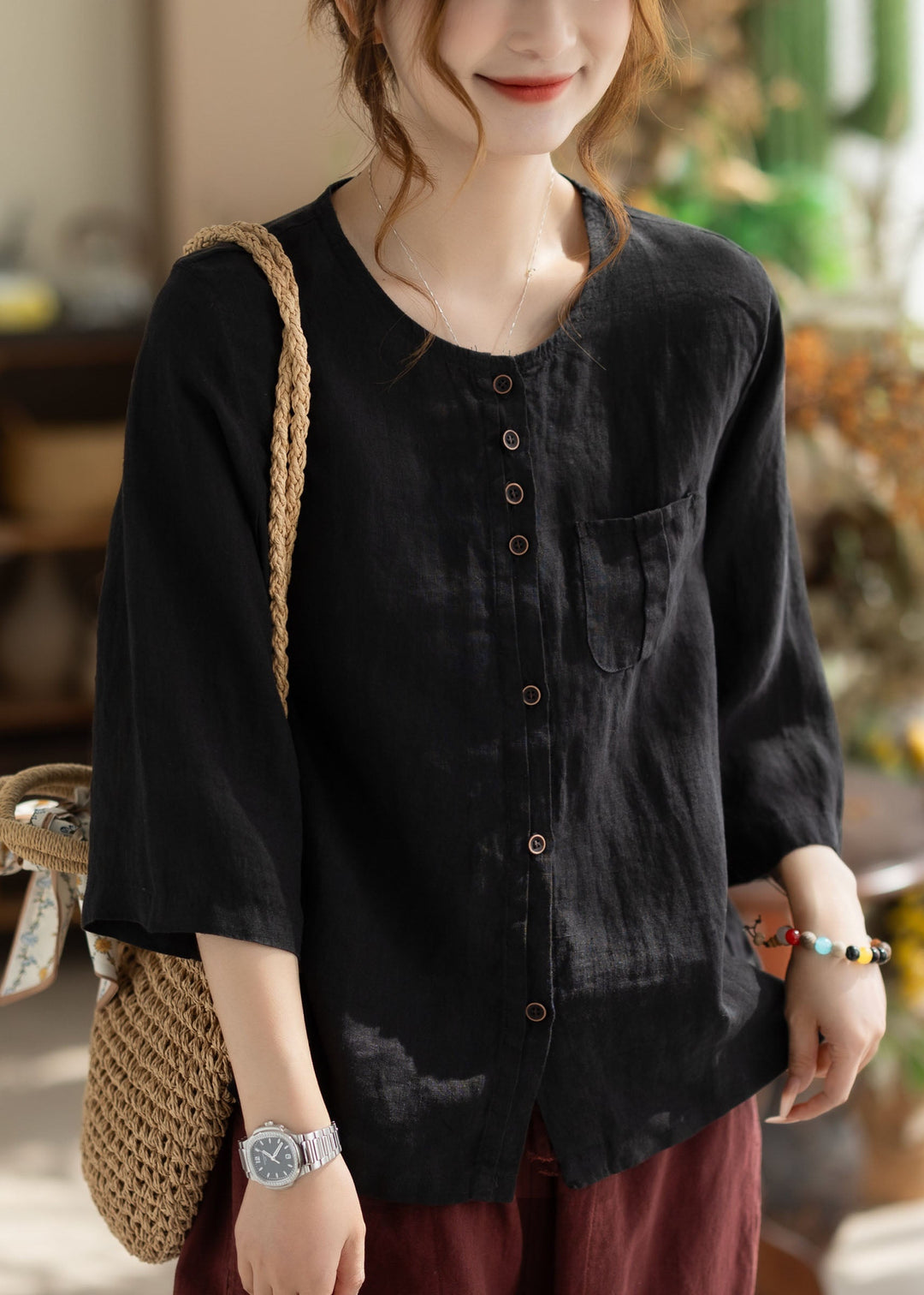 Women Khaki O Neck Button Pockets Linen Shirt Bracelet Sleeve