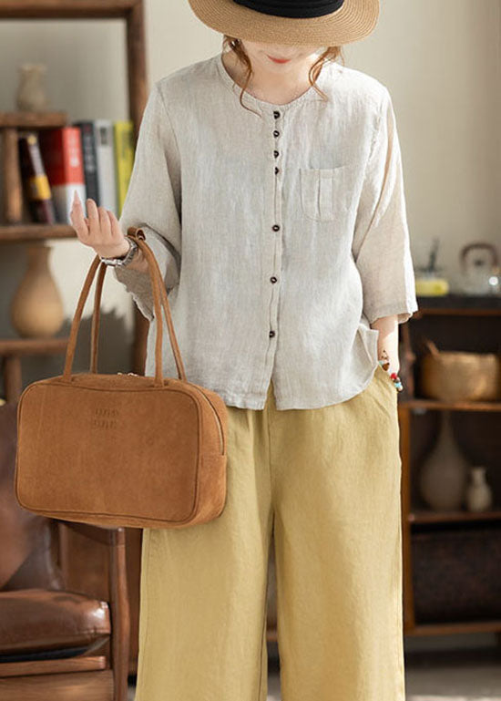 Women Khaki O Neck Button Pockets Linen Shirt Bracelet Sleeve