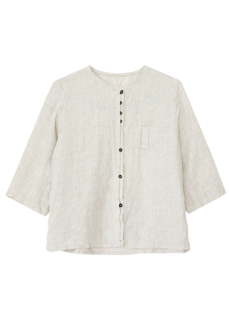 Women Khaki O Neck Button Pockets Linen Shirt Bracelet Sleeve