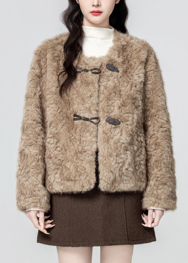 Women Khaki O Neck Button Teddy Faux Fur Coat Winter