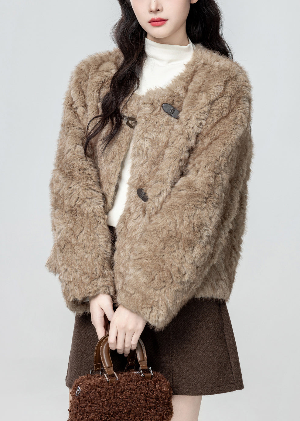 Women Khaki O Neck Button Teddy Faux Fur Coat Winter