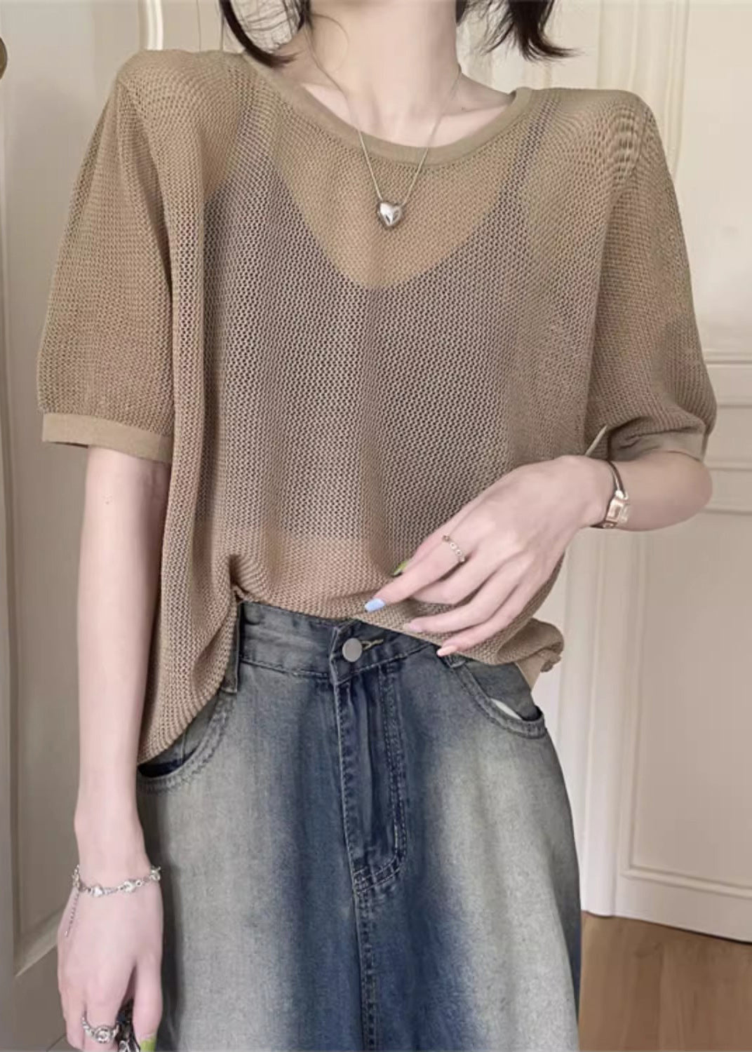 Women Khaki O Neck Hollow Out Knit T Shirt Summer