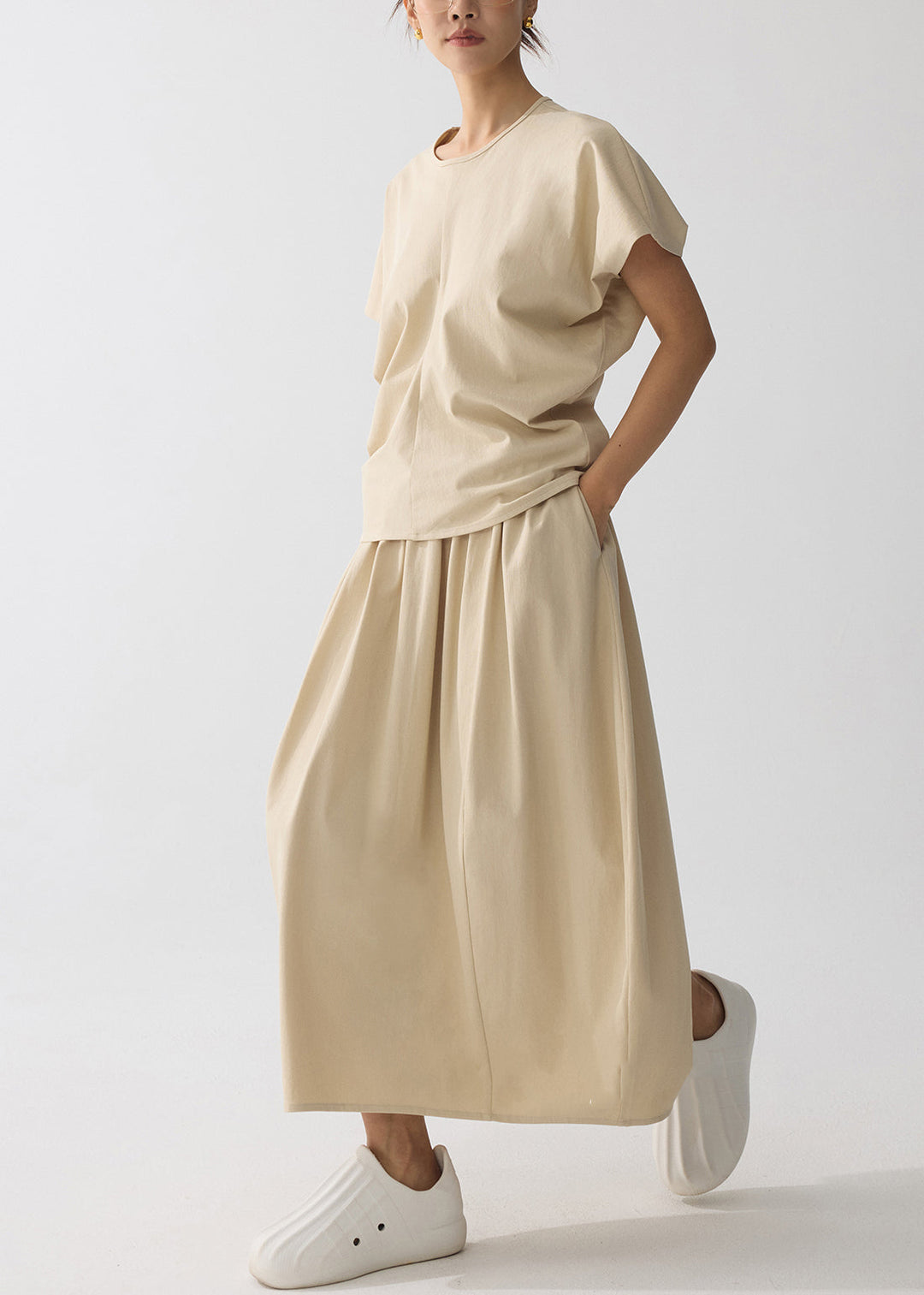 Women Khaki Oversized Wrinkled Cotton Two Pieces Set Summer