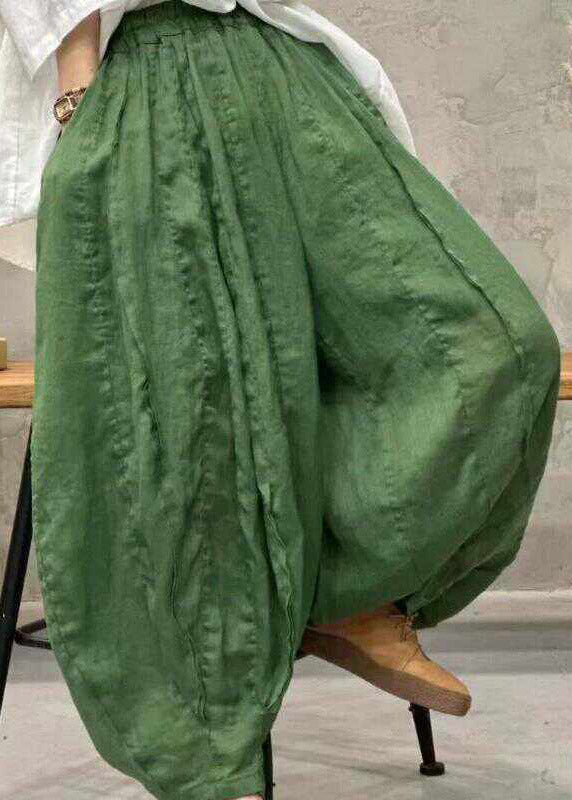 Women Khaki Pockets Patchwork Elastic Waist Linen Wide Leg Pants