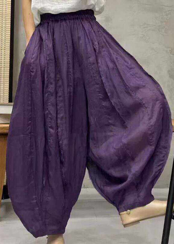 Women Khaki Pockets Patchwork Elastic Waist Linen Wide Leg Pants