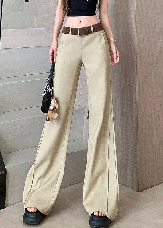 Women Khaki Pockets Patchwork High Waist Wide Leg Pants Spring