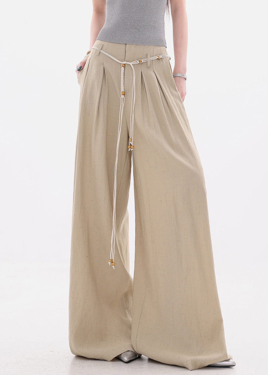 Women Khaki Pockets Tie Waist High Waist Cotton Wide Leg Pants Fall