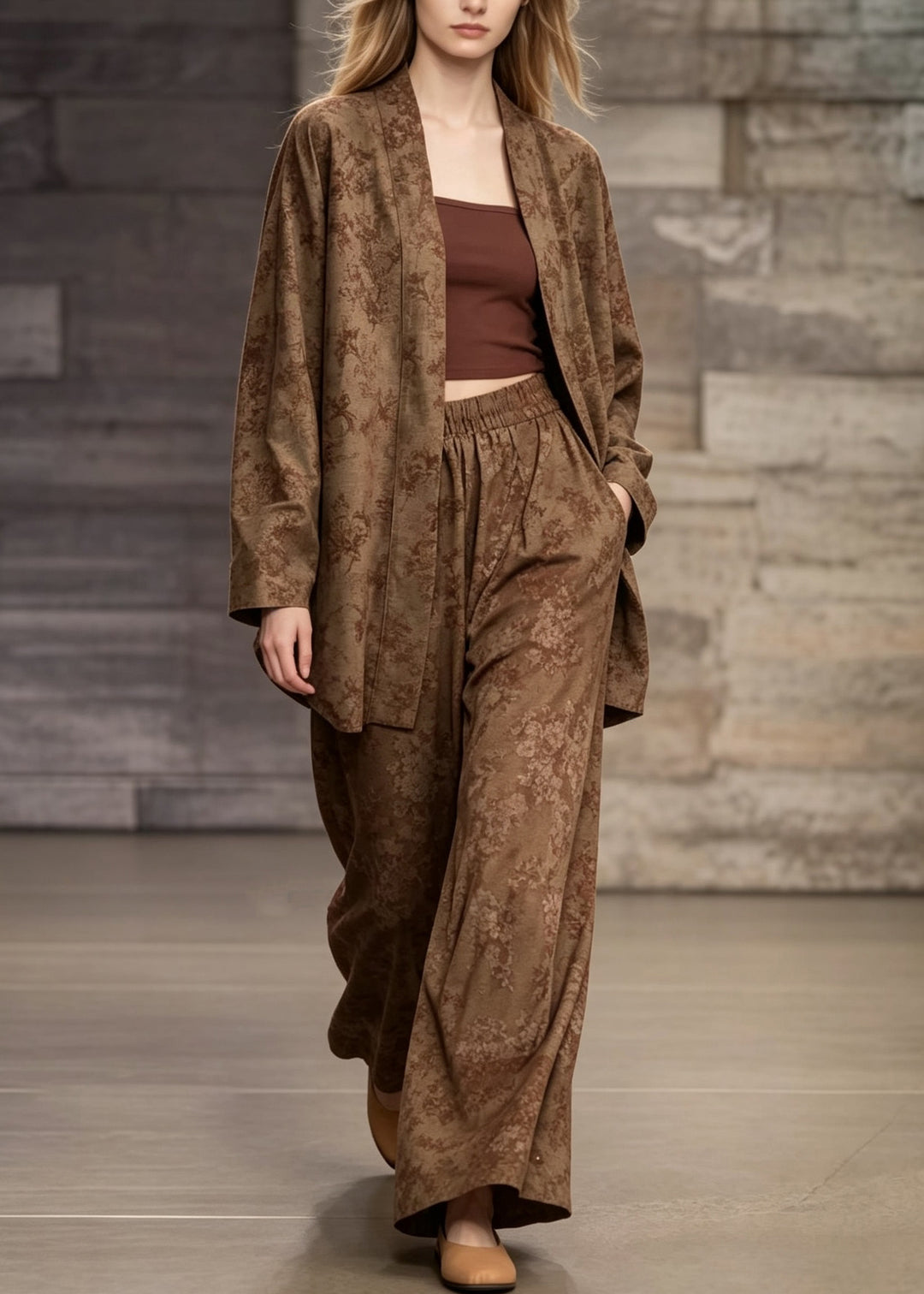 Women Khaki Print Cardigans And Pants Cotton Two Piece Suit Set Fall