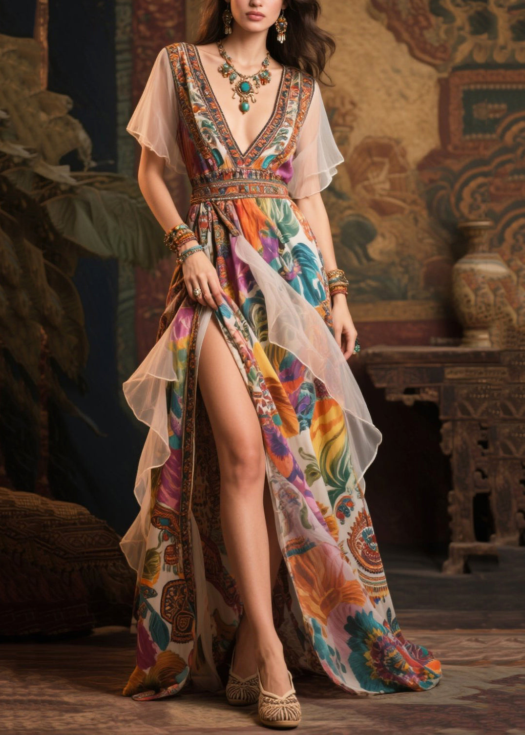 Women Khaki Print Patchwork Side Open Chiffon Evening Dress Summer