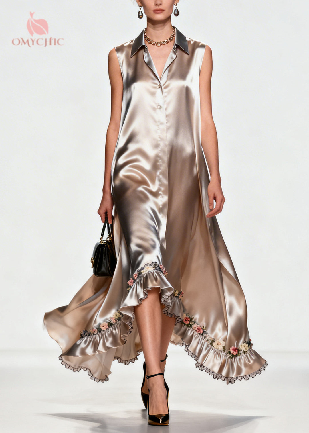 Women Khaki Ruffled Floral Silk Robe Dresses Sleeveless