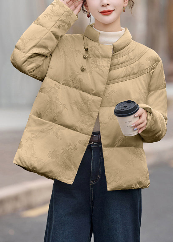 Women Khaki Stand Collar Chinese Button Duck Down Puffer Coat Winter