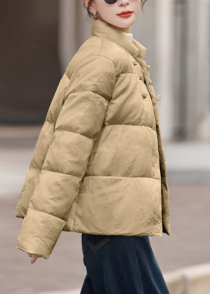 Women Khaki Stand Collar Chinese Button Duck Down Puffer Coat Winter