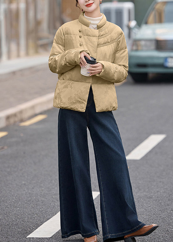 Women Khaki Stand Collar Chinese Button Duck Down Puffer Coat Winter