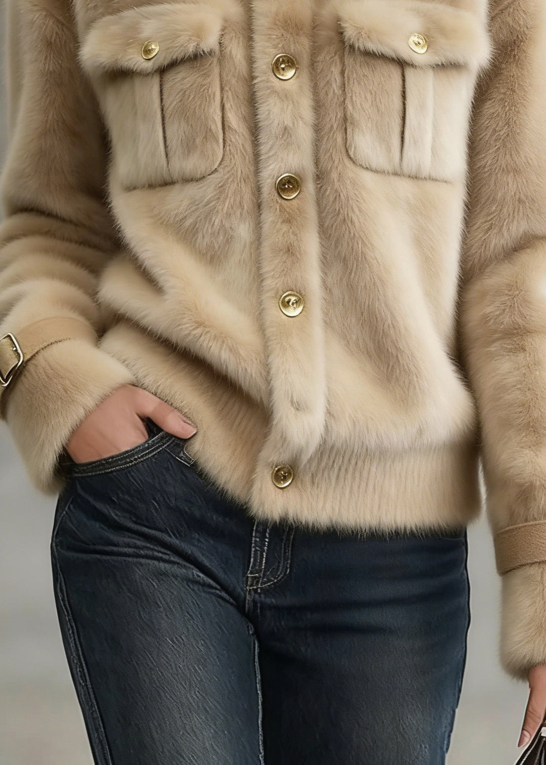 Women Khaki Stand Collar Pockets Faux Fur Coats Winter
