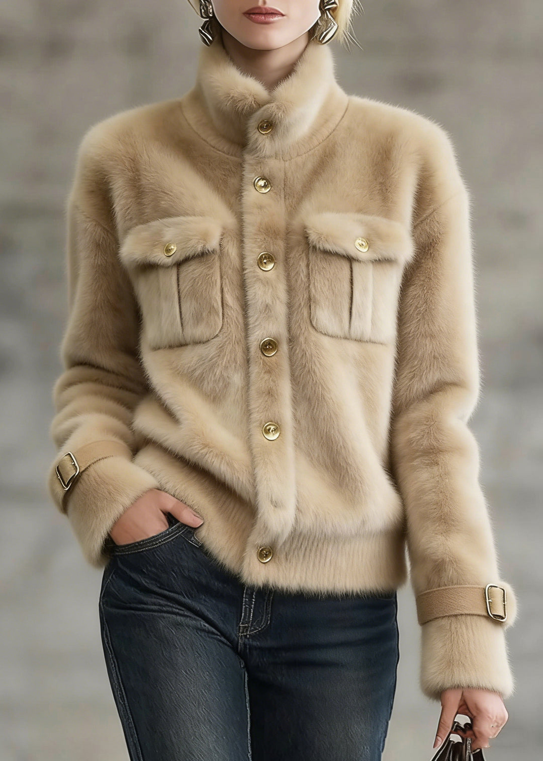Women Khaki Stand Collar Pockets Faux Fur Coats Winter