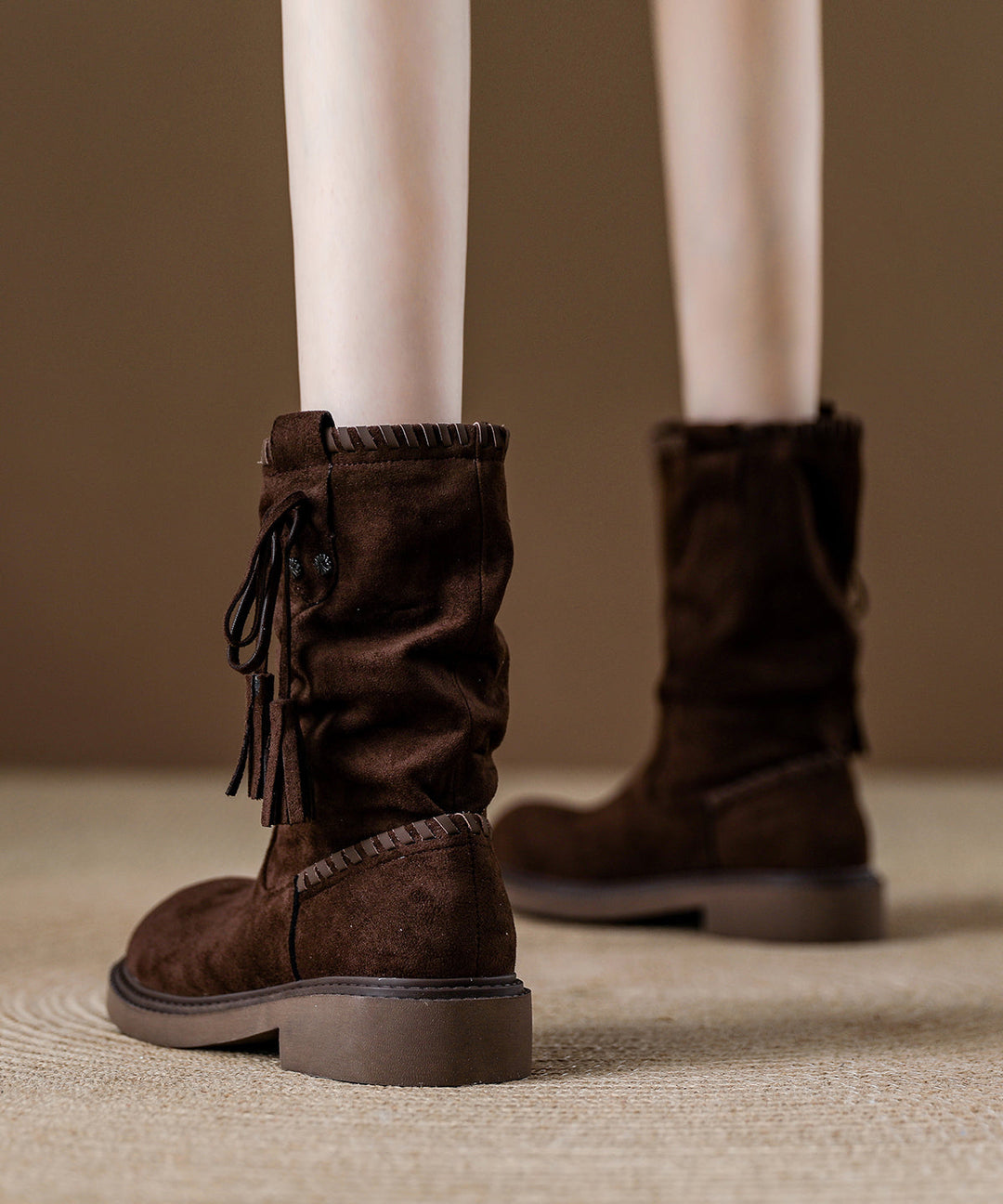 Women Khaki Suede Tassel Splicing Wrinkled Boots