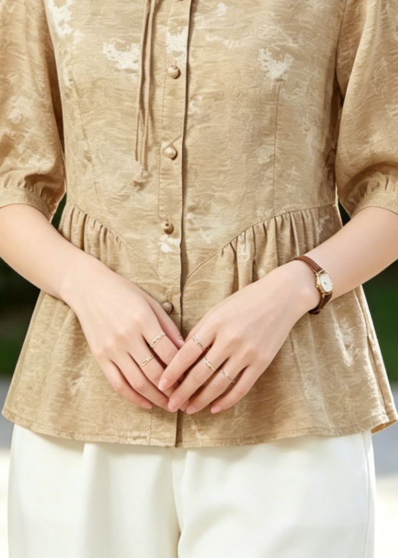 Women Khaki Tasseled Wrinkled Silk Blouse Tops Half Sleeve