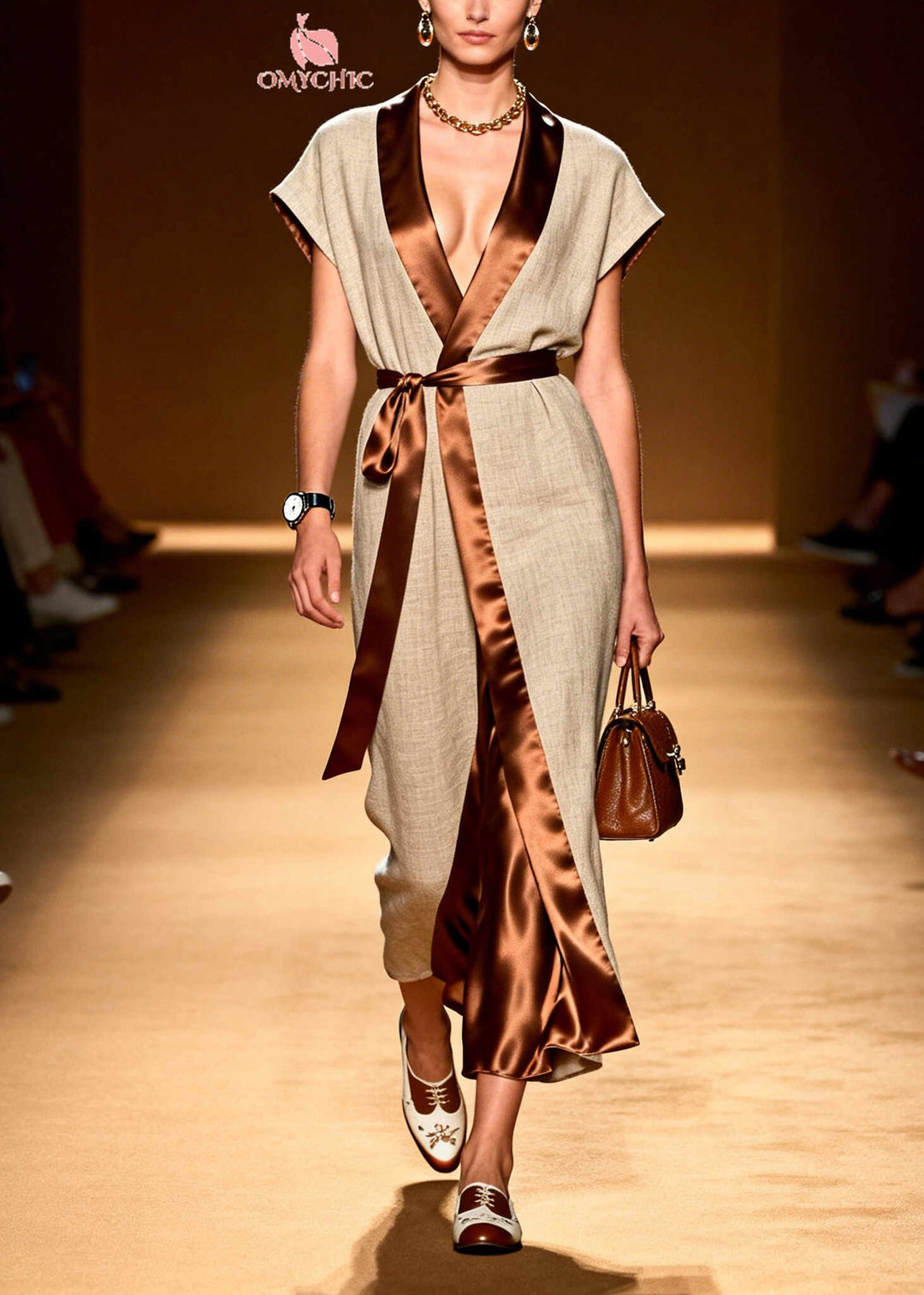 Women Khaki Tunic Patchwork Linen Silk Long Dress Summer