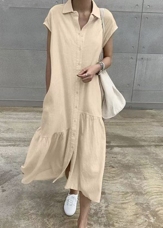 Women Khaki Turn-Down Collar Cotton Vacation Dresses Short Sleeve
