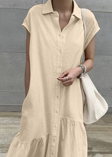 Women Khaki Turn-Down Collar Cotton Vacation Dresses Short Sleeve
