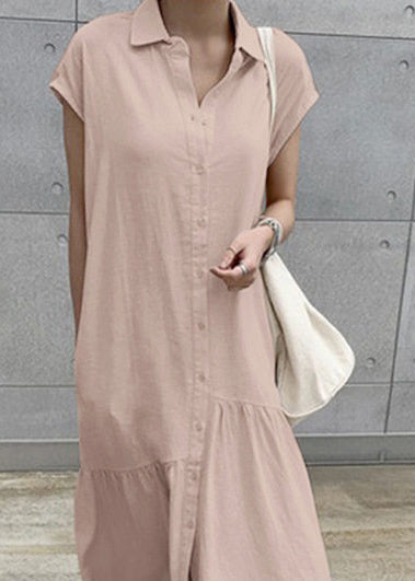 Women Khaki Turn-Down Collar Cotton Vacation Dresses Short Sleeve