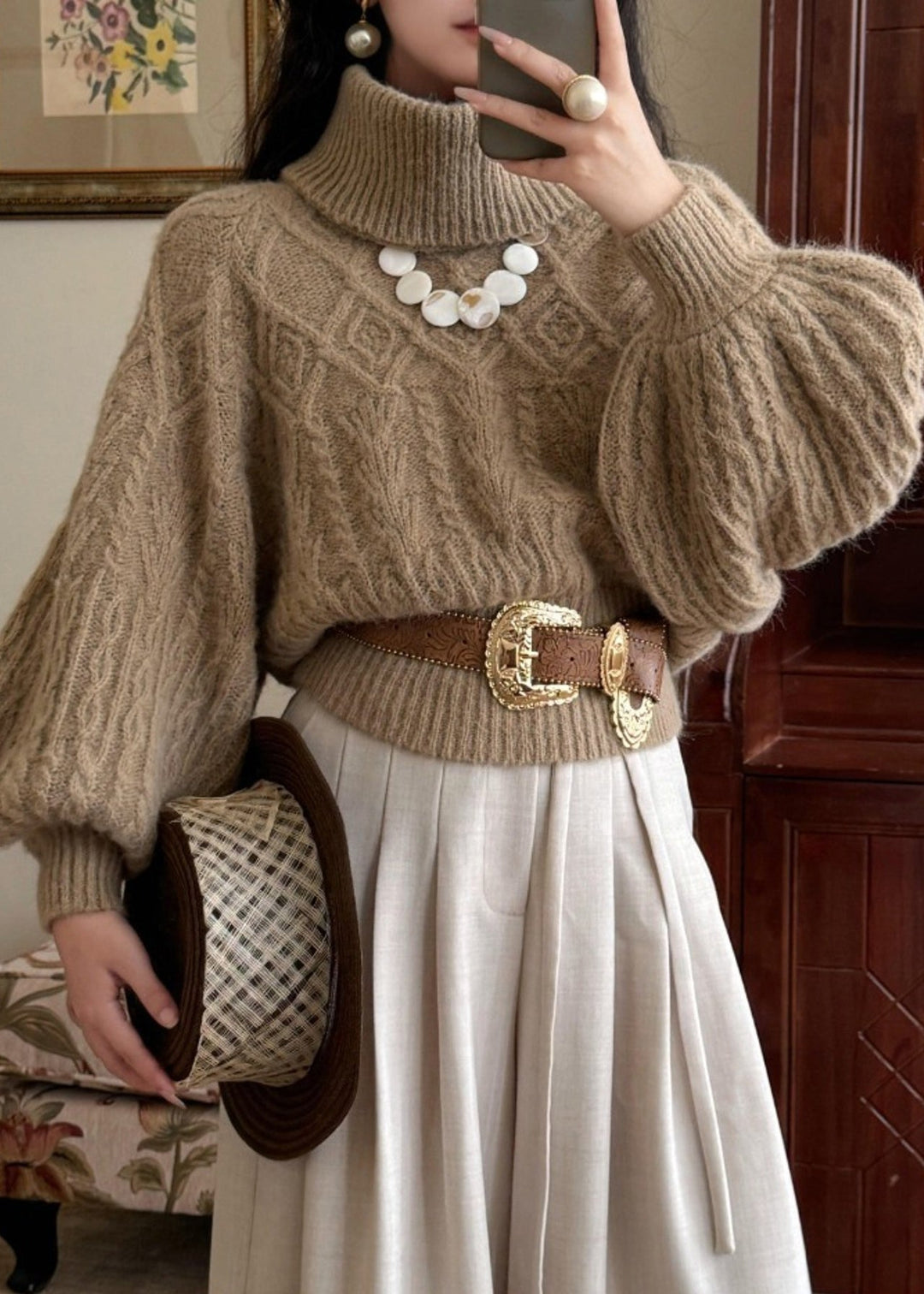 Women Khaki Turtleneck Thick Cable Cotton Knit Sweaters Puff Sleeve