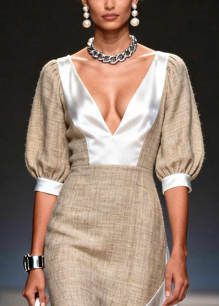 Women Khaki V Neck Asymmetrical Patchwork Linen Silk Dresses Summer