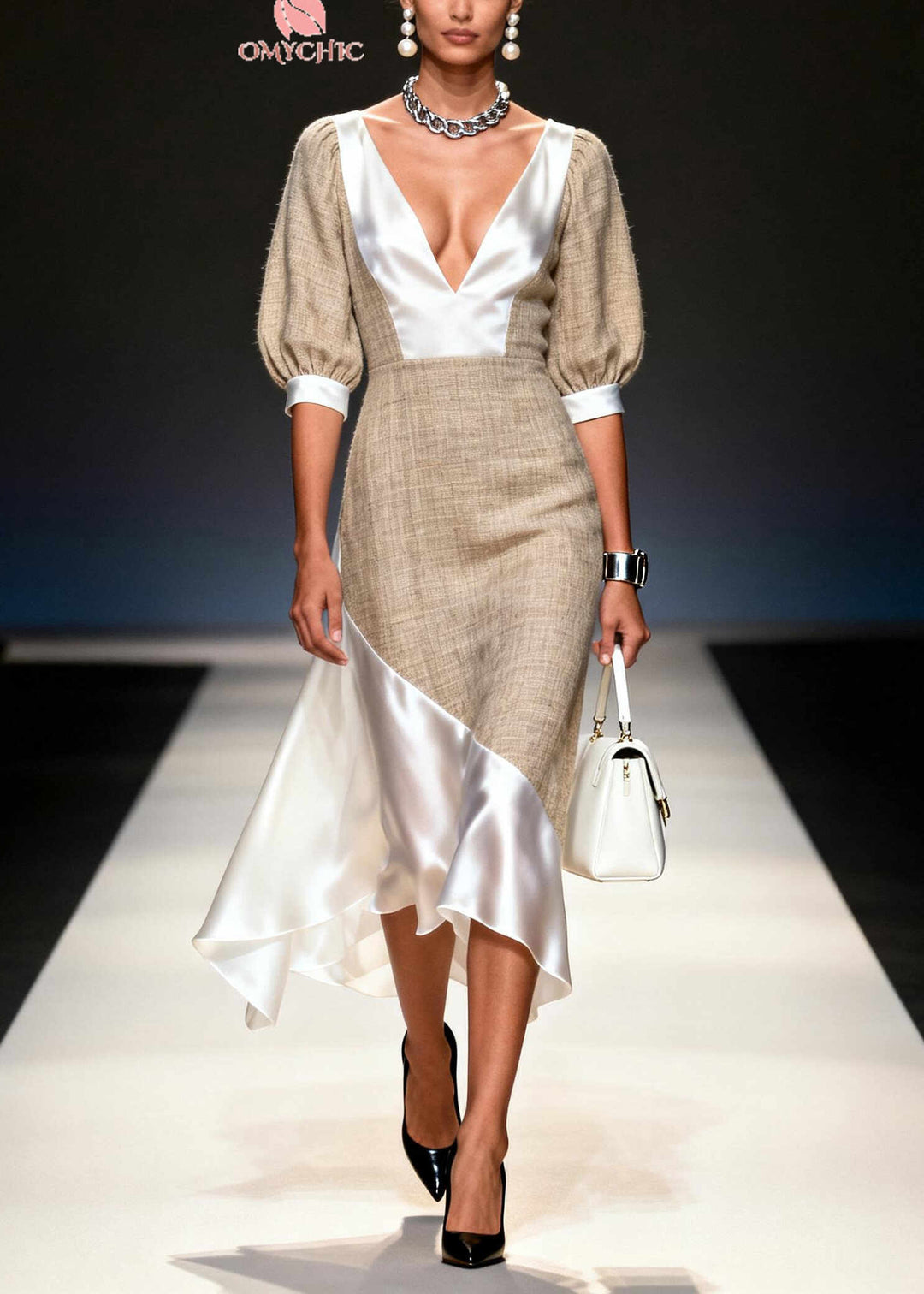 Women Khaki V Neck Asymmetrical Patchwork Linen Silk Dresses Summer