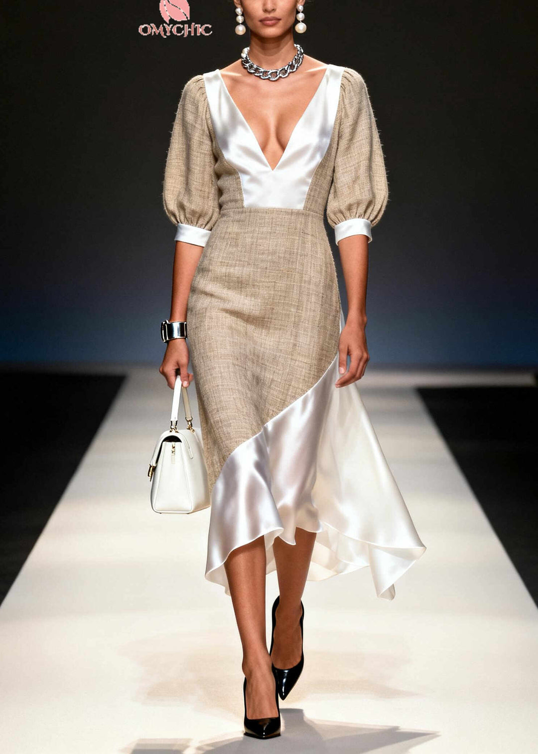 Women Khaki V Neck Asymmetrical Patchwork Linen Silk Dresses Summer